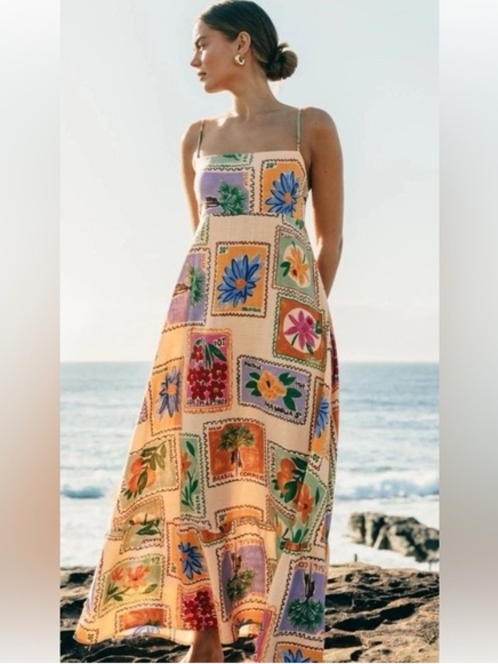 Paper Heart Anthropologie Linen Blend Floral Postcard Maxi Dress